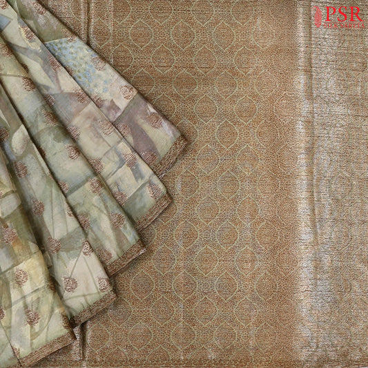 Olive Beige Banaras Tussar Silk Saree