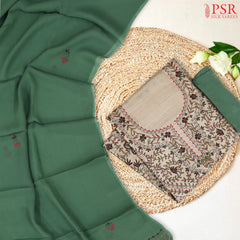 Beige & Basil Green Tussar Silk Dress Material