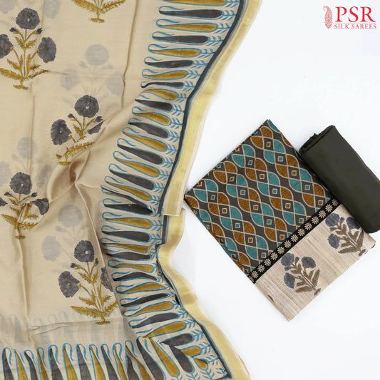 Dark Olive Grey Silk Cotton Dress Material