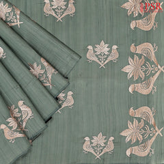 Turquoise Grey Kosa Embroidery Saree