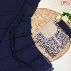 Beige & Dark Blue Tussar Silk Dress Material