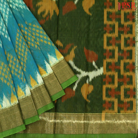 Turquoise Blue Semi Patola Silk Cotton Saree