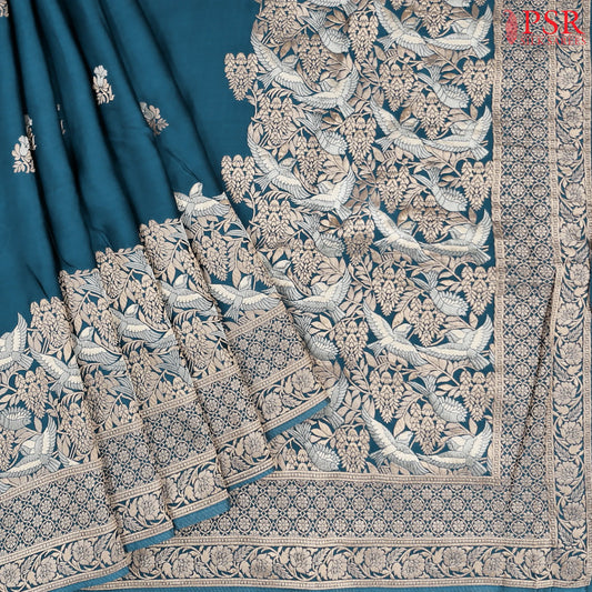 Peacock Blue Banarasi Habutai Satin Saree