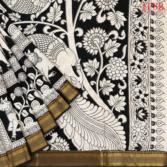 Beige & Black Kalamkari Silk Saree