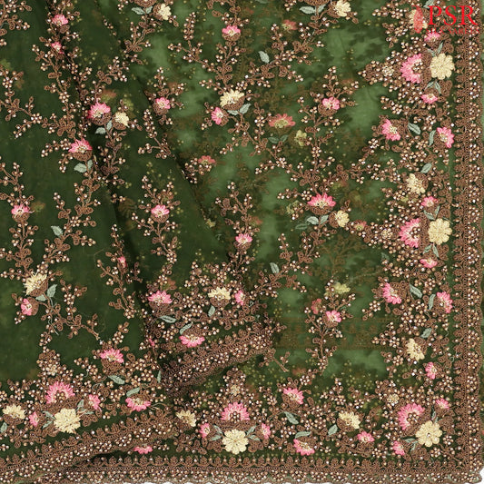 Seaweed Green Georgette Laser Embroidery Saree