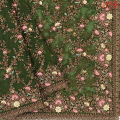 Seaweed Green Georgette Laser Embroidery Saree