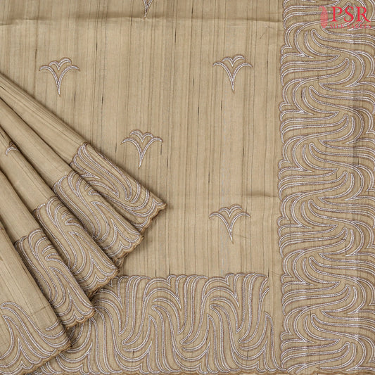 Chikoo Beige Kosa Embroidery Saree