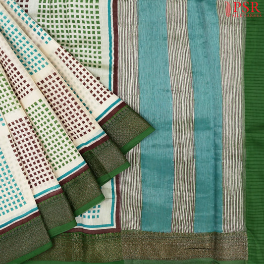 Beige & Basil Green Chanderi Silk Cotton Saree