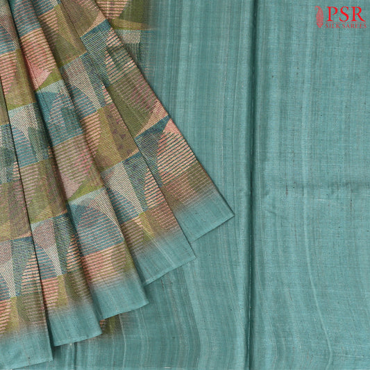 Dark Turquoise & Olive Kadhi Tussar Silk Saree