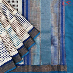 Beige & Peacock Blue Chanderi Silk Cotton Saree