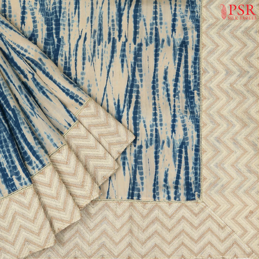 Beige & Cobalt Blue Semi Dupion Embroidery Saree