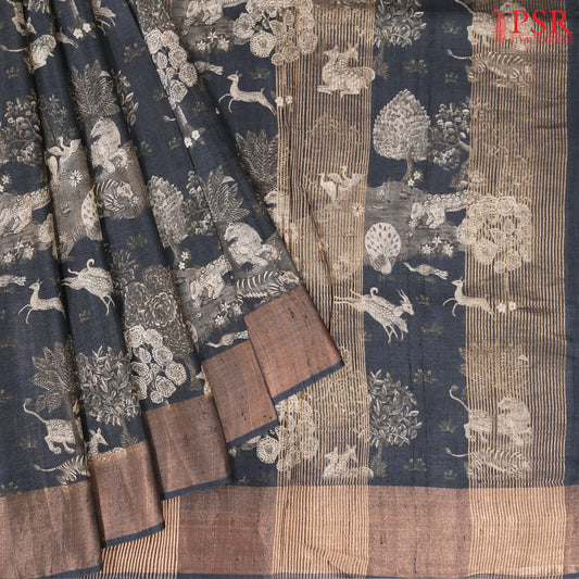 Midnight Black Kadhi Tussar Silk Saree