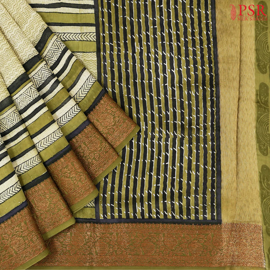Light Olive Green Chanderi Silk Cotton Saree