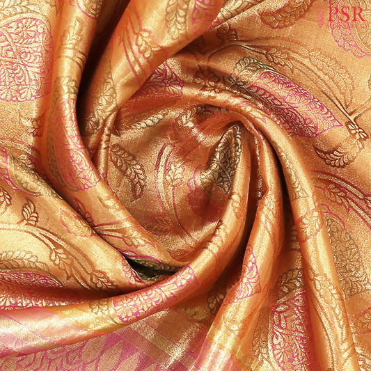 Apricot Orange Bridal Kanchipuram Tissue Silk Saree