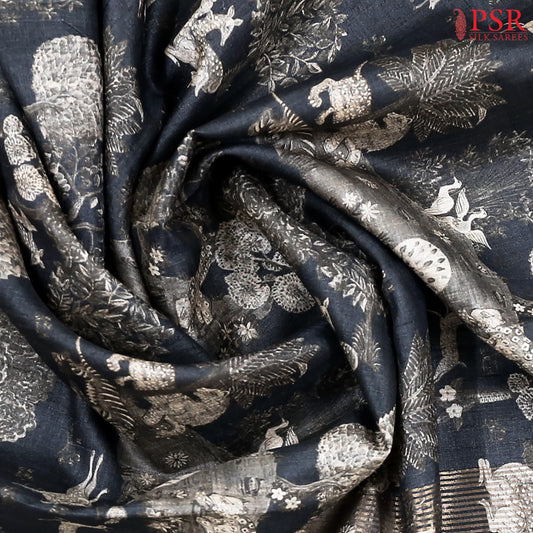 Midnight Black Kadhi Tussar Silk Saree