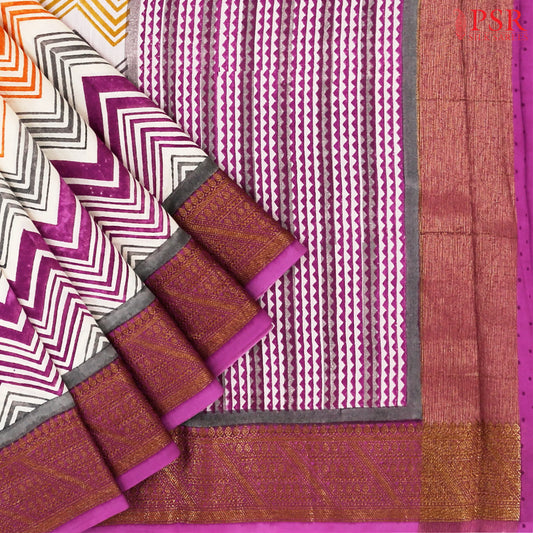 Beige & Orchid Chanderi Silk Cotton Saree