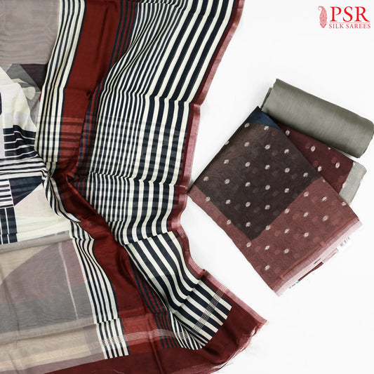 Brown & Steel Blue Chanderi Silk Cotton Dress Material