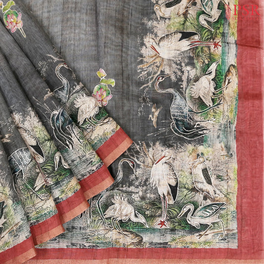 Dark Grey Semi Dupion Embroidery Saree