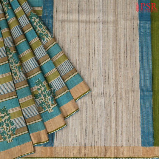 Olive & Cyan Kadhi Tussar Silk Saree