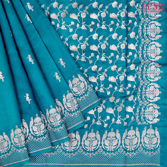 Peacock Blue Chiniya Silk Saree