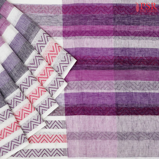 White & Lavender Linen Saree