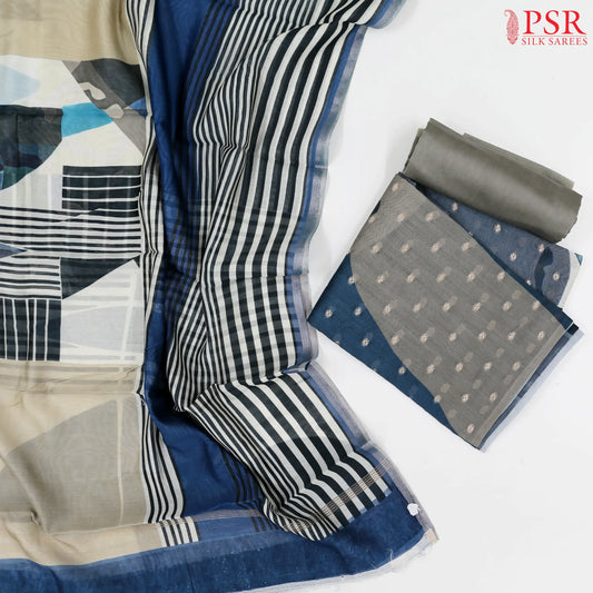 Grey & Blue Chanderi Silk Cotton Dress Material