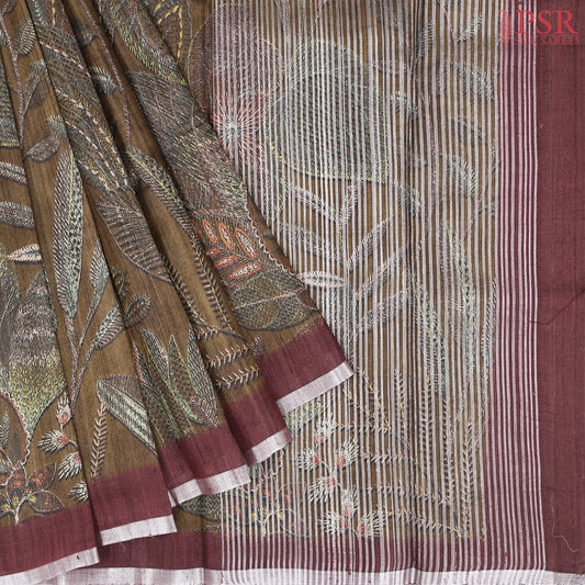 Dark Olive Mustard Kadhi Tussar Silk Saree