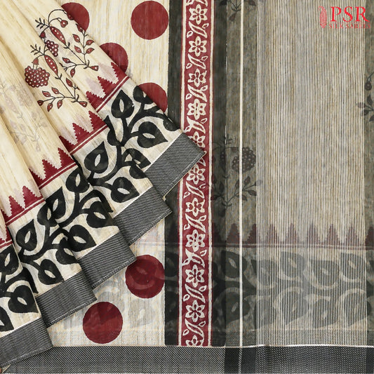 Cream Beige Silk Cotton Saree