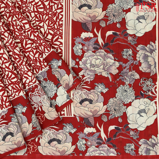 Beige & Red Semi Tussar Saree