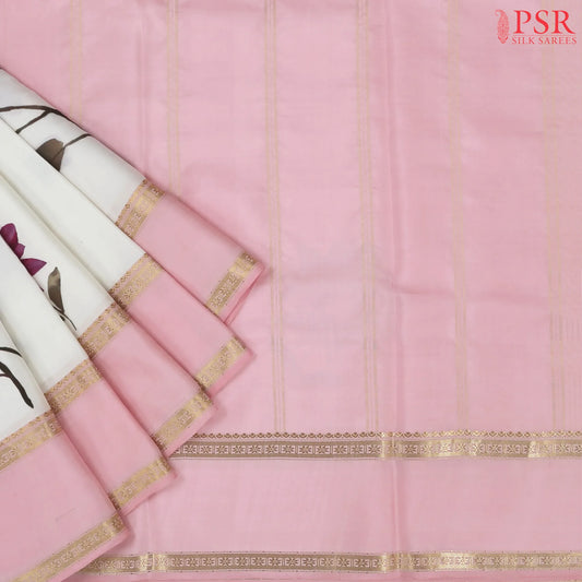 Dove White Printed Silk Saree