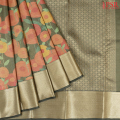 Dark Olive Printed Tissue Art Silk Saree