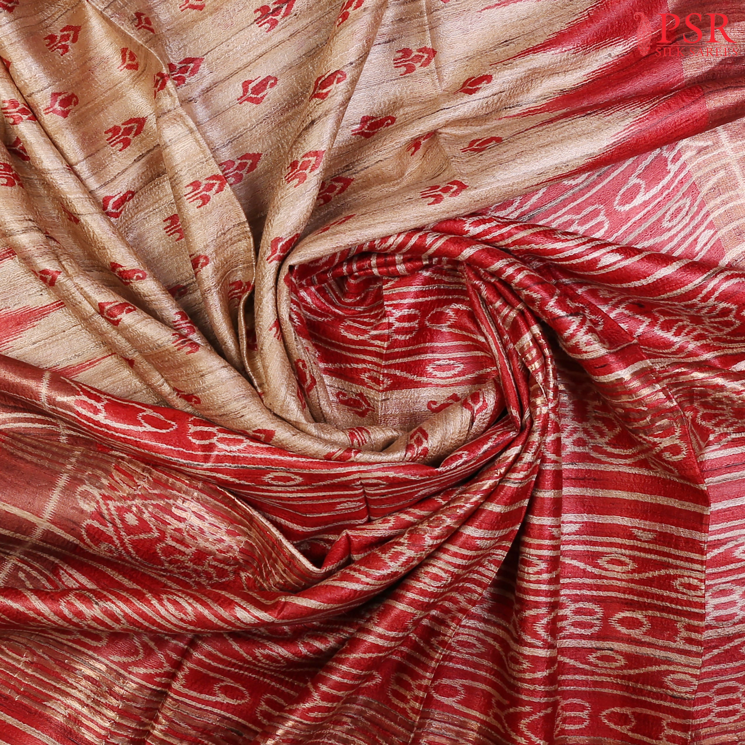 Elevate your elegance with our Latte Beige Ghicha Khadi Tussar Silk Saree, exquisitely paired with Dark Red hues