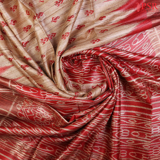 Elevate your elegance with our Latte Beige Ghicha Khadi Tussar Silk Saree, exquisitely paired with Dark Red hues