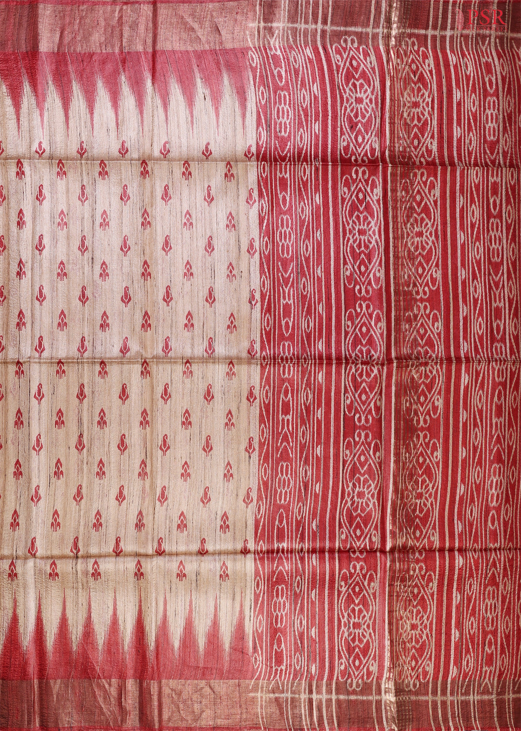 Elevate your elegance with our Latte Beige Ghicha Khadi Tussar Silk Saree, exquisitely paired with Dark Red hues
