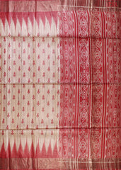 Elevate your elegance with our Latte Beige Ghicha Khadi Tussar Silk Saree, exquisitely paired with Dark Red hues