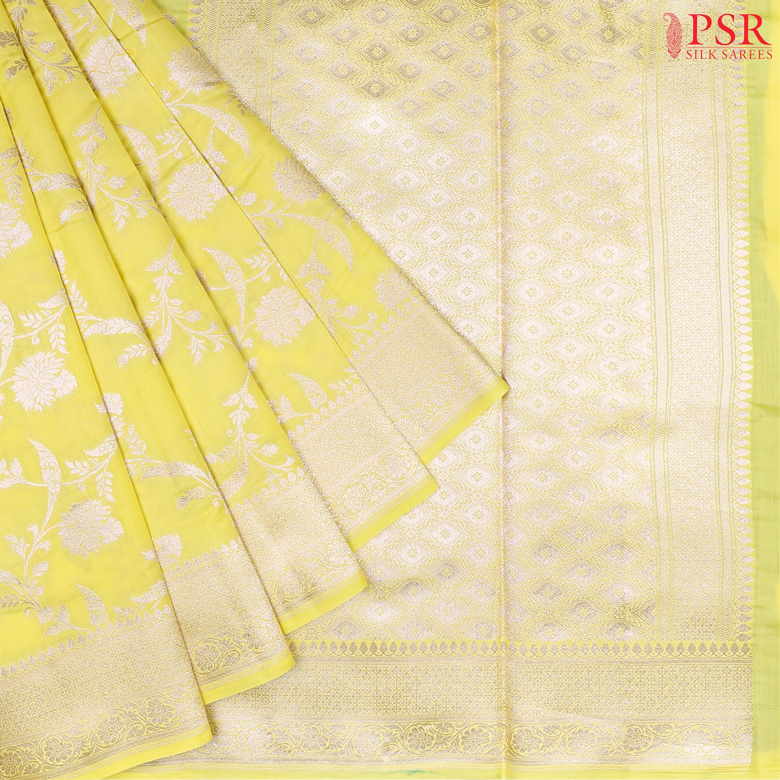 Brighten up your wardrobe with our Lemon Yellow Chiniya Silk Saree, beautifully contrasted with Dark Green accents.