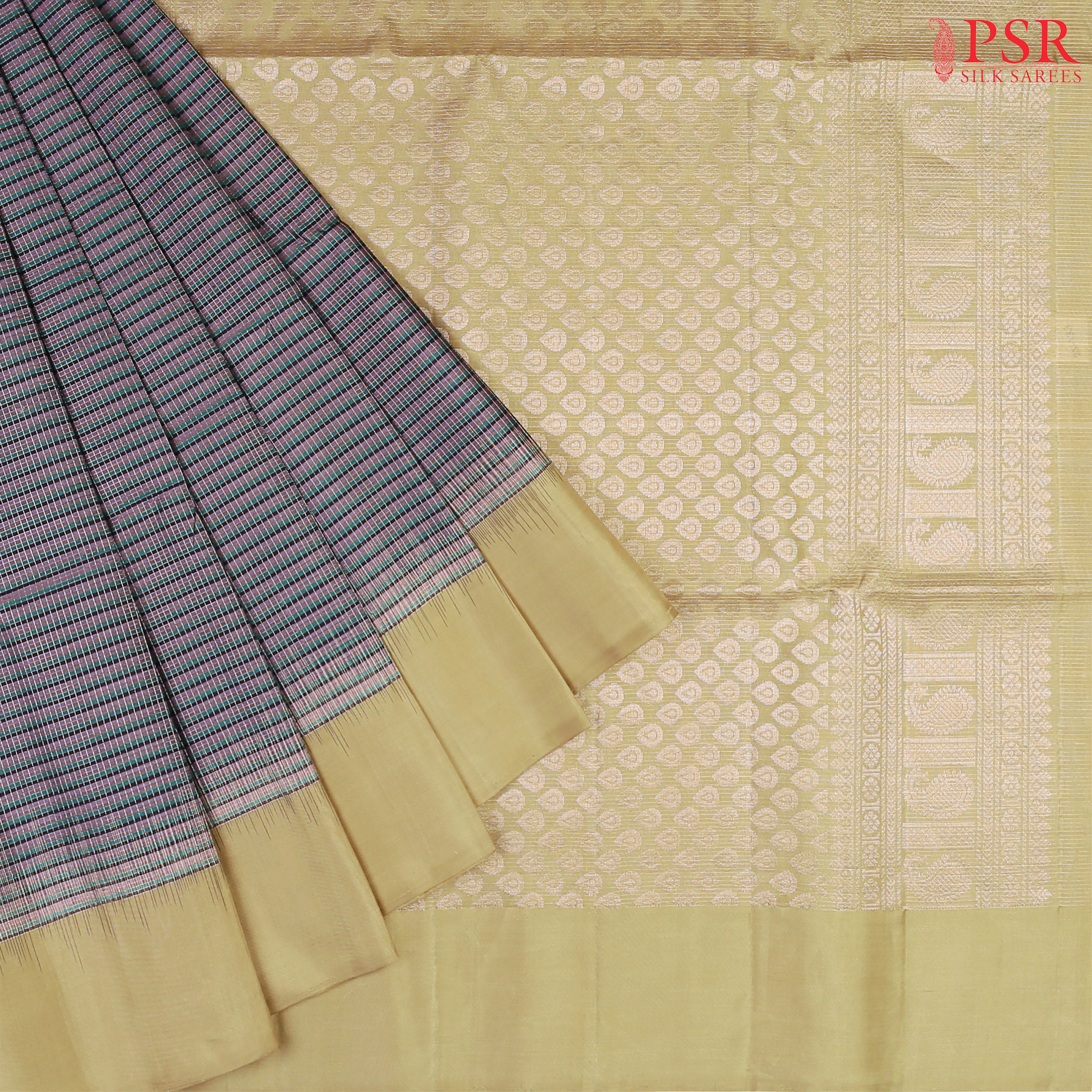 Introducing our stunning Mauve Purple Soft Silk Saree, beautifully paired with a soothing Light Olive hue. This graceful saree features small zari checks and a vibrant tri-color stripe pattern in Mauve Purple, Green, and Dark Blue, adding a unique touch of charm and style.