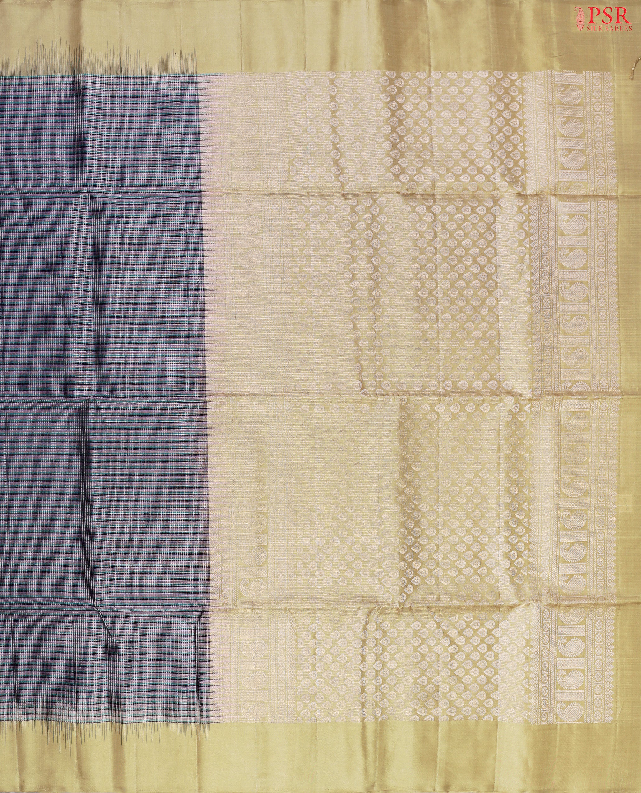 Introducing our stunning Mauve Purple Soft Silk Saree, beautifully paired with a soothing Light Olive hue. This graceful saree features small zari checks and a vibrant tri-color stripe pattern in Mauve Purple, Green, and Dark Blue, adding a unique touch of charm and style.