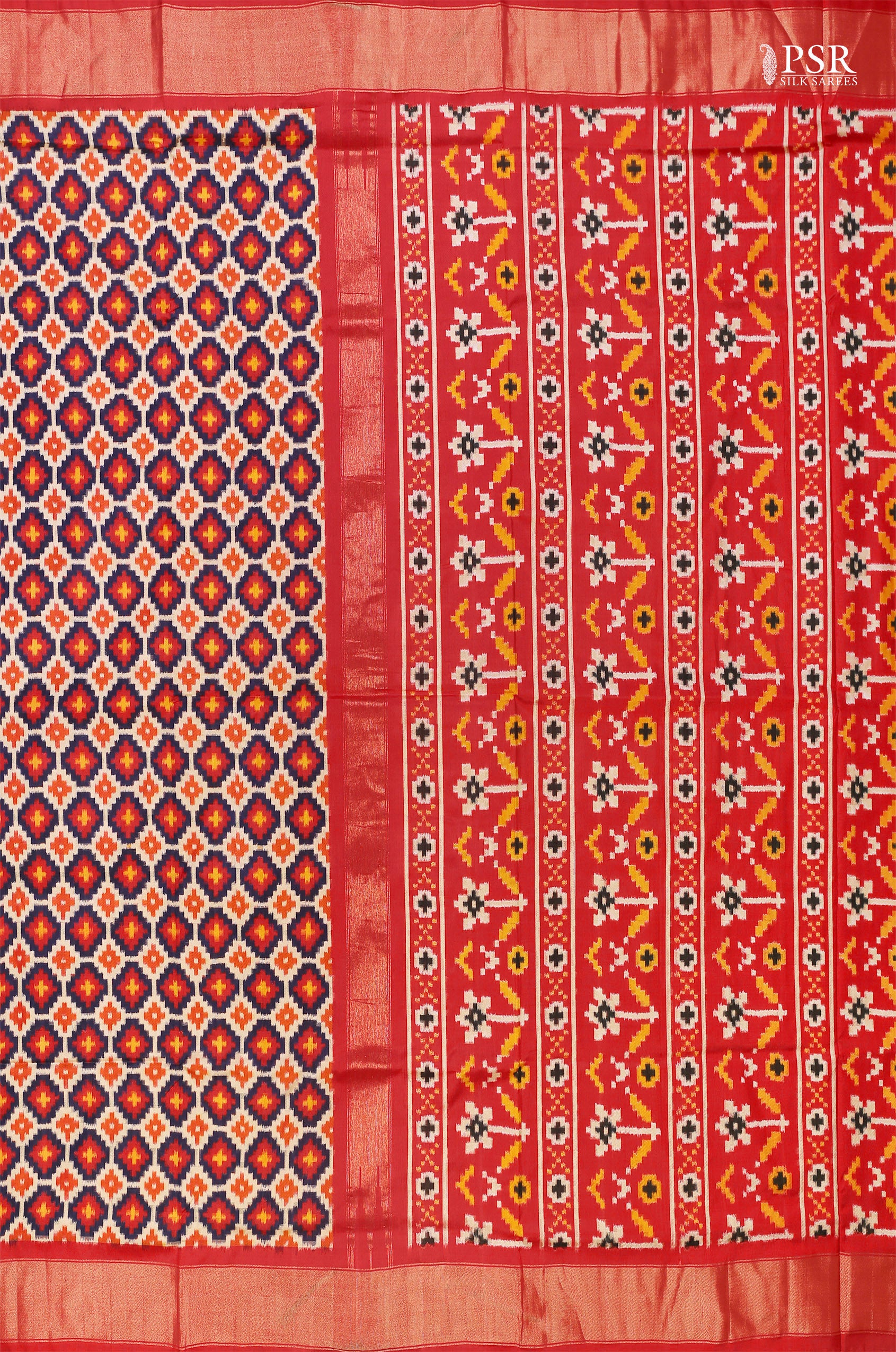 PSR Silks brings you a breathtaking Midnight Blue & Beige Pochampally Ikkat Silk Saree,