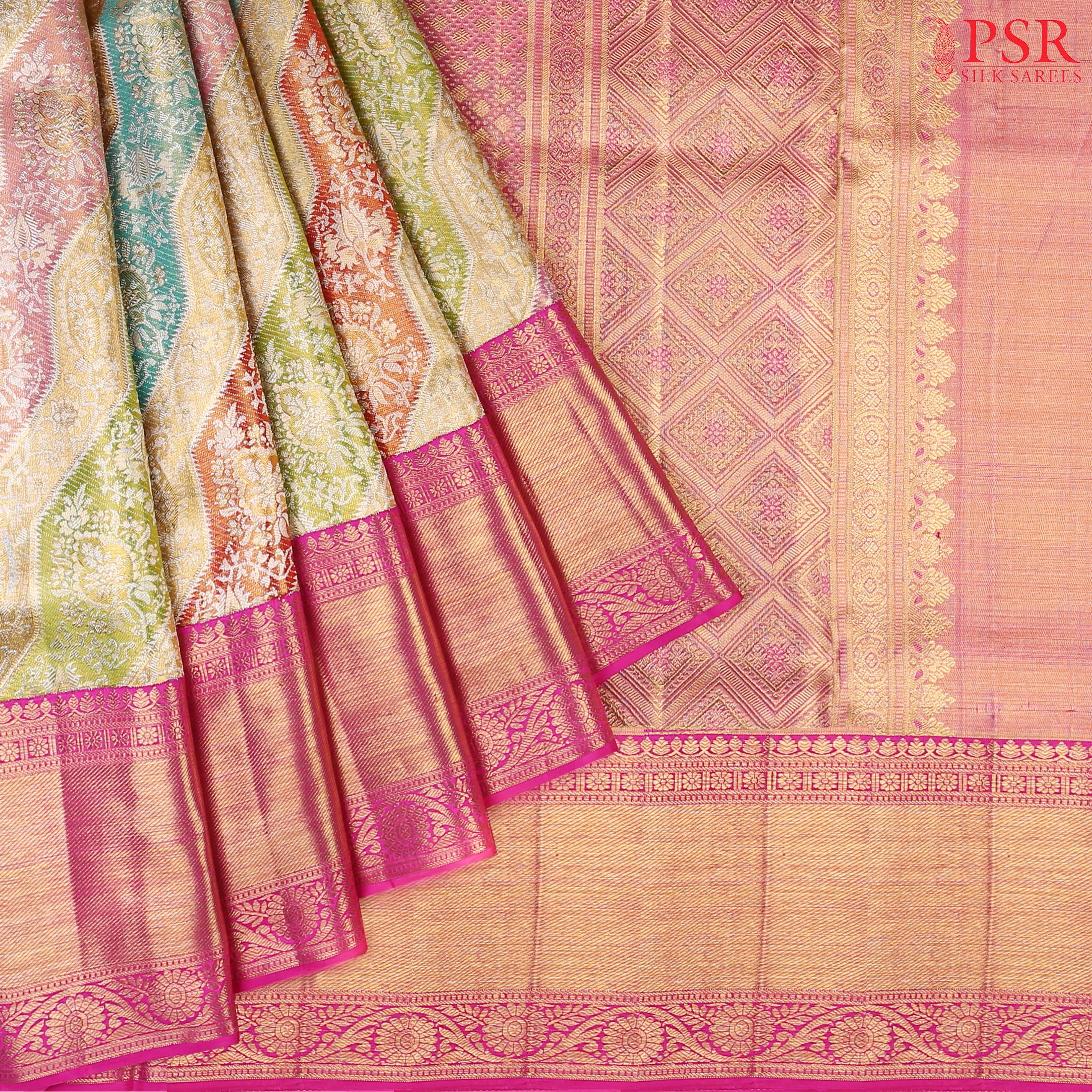 Multicolored Kanchipuram Tissue Silk Saree with a zig-zag pattern and rich floral zari work.