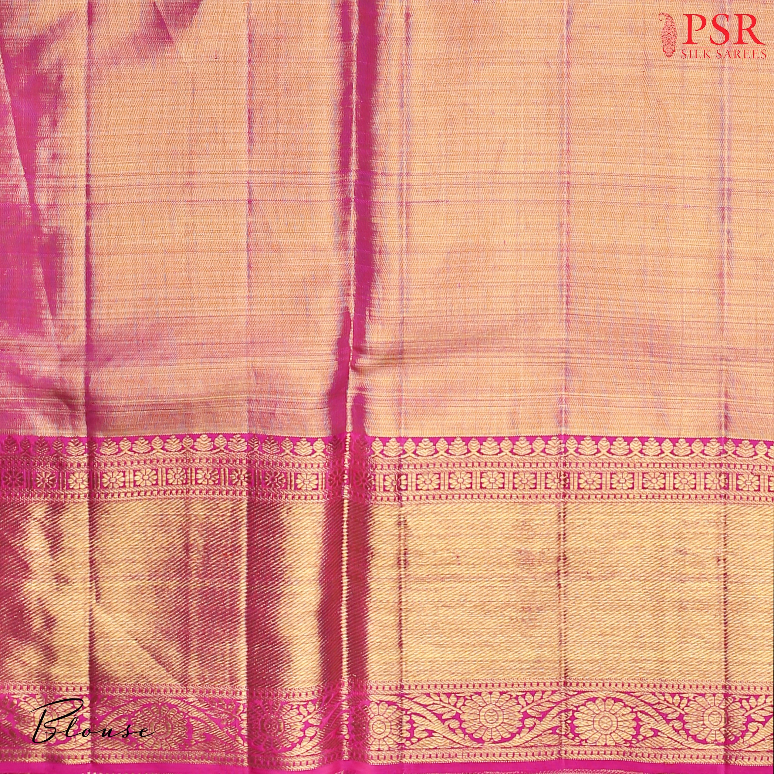 Matching Magenta Tissue Pink blouse, enhancing the saree’s regal elegance
