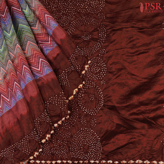 Crepe Silk Crushed Saree with a multicolor chevron pattern and Mahogany Brown Bandhini details
