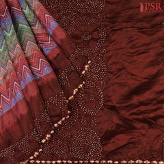 Crepe Silk Crushed Saree with a multicolor chevron pattern and Mahogany Brown Bandhini details