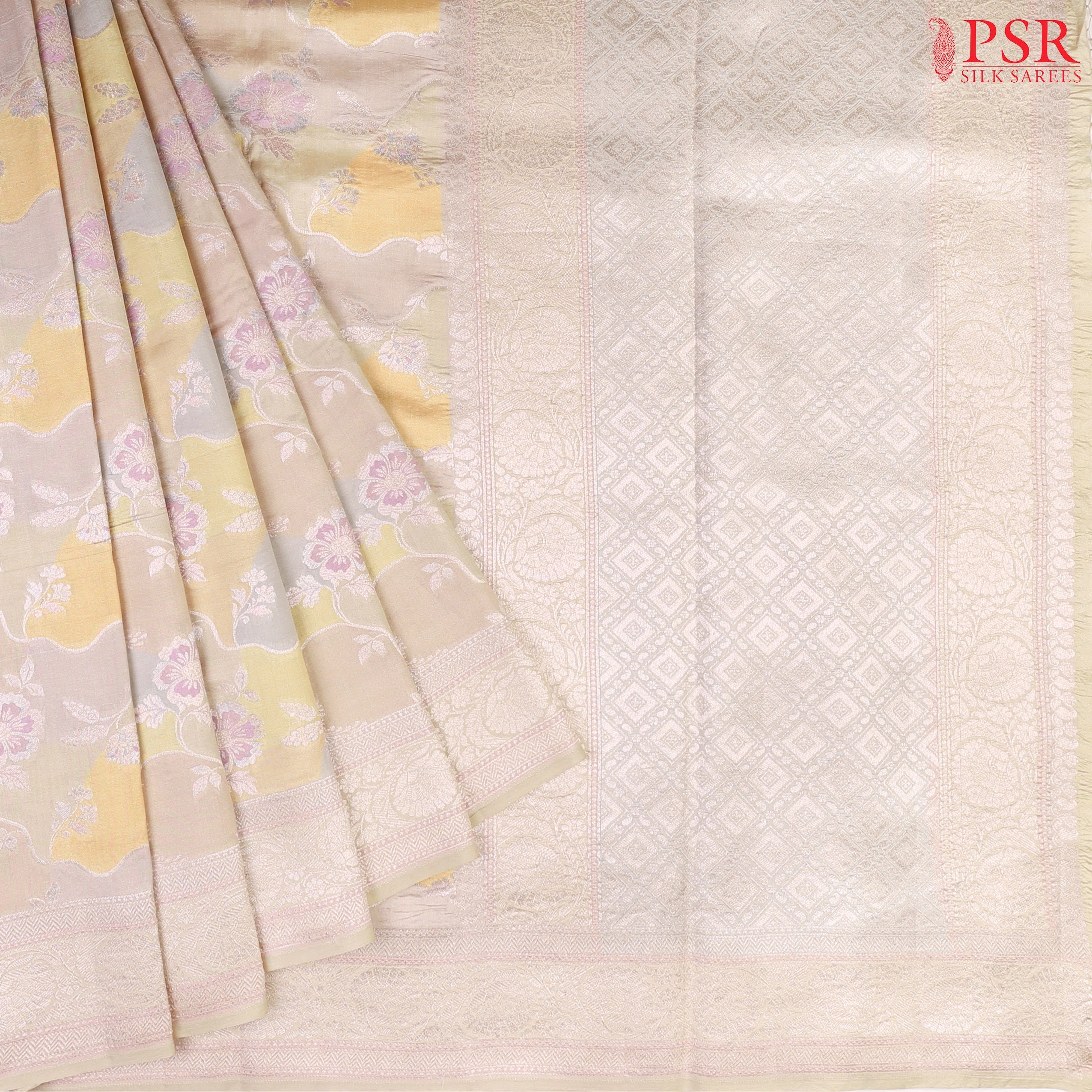 Pastel French Grey Chiniya Silk Saree with colorful designer prints and silver zari work