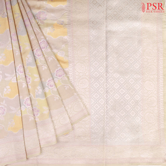 Pastel French Grey Chiniya Silk Saree with colorful designer prints and silver zari work