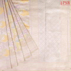 Pastel French Grey Chiniya Silk Saree with colorful designer prints and silver zari work