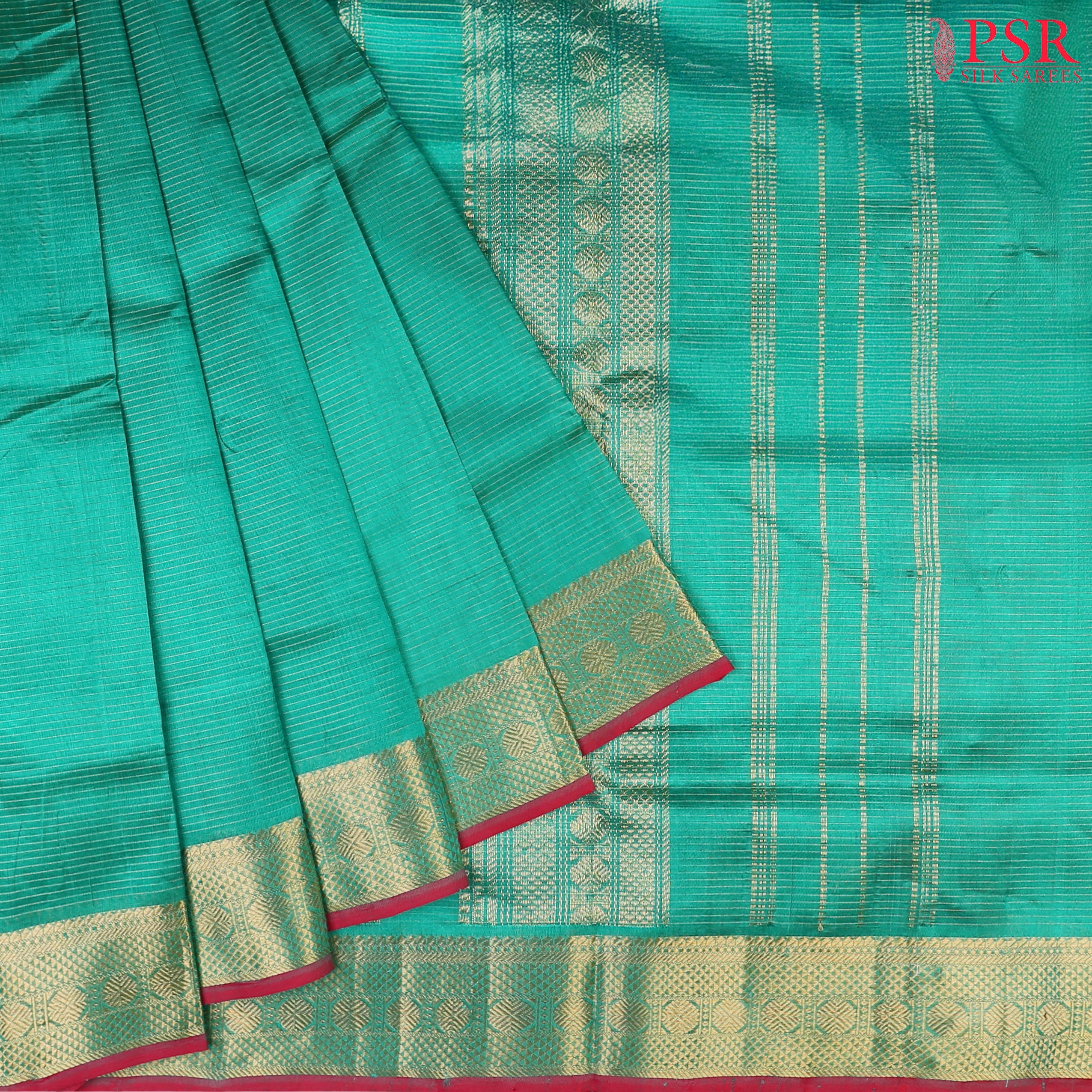 Persian Green Cotton Silk Saree with horizontal zari stripes, zari chit pallu, elegant zari border, and a matching running blouse