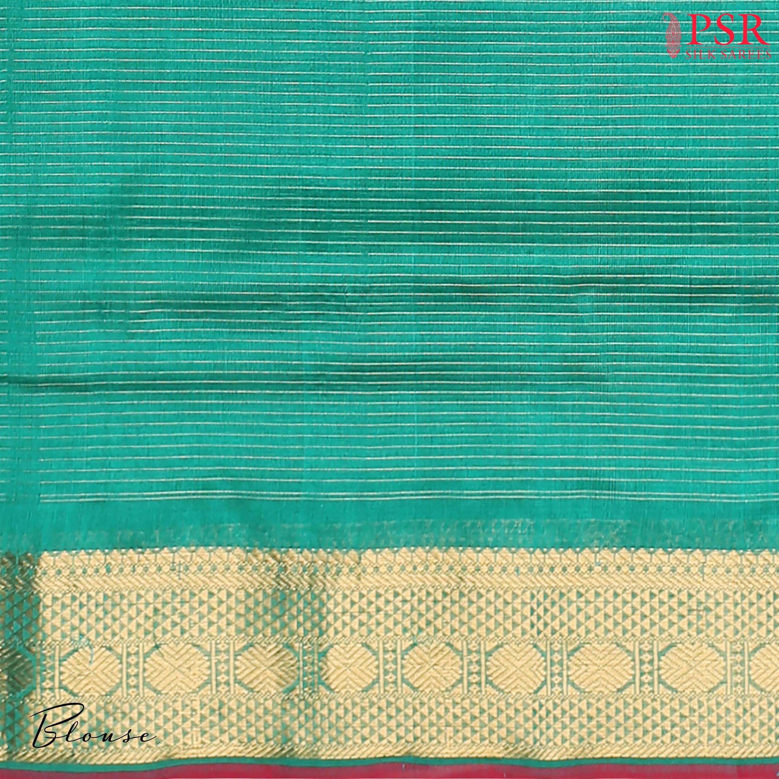Persian Green Cotton Silk Saree with horizontal zari stripes, zari chit pallu, elegant zari border, and a matching running blouse