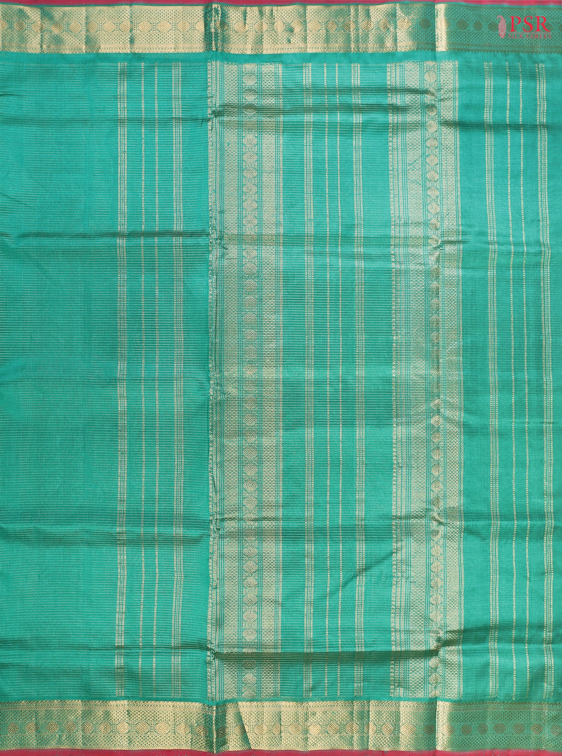 Persian Green Cotton Silk Saree with horizontal zari stripes, zari chit pallu, elegant zari border, and a matching running blouse