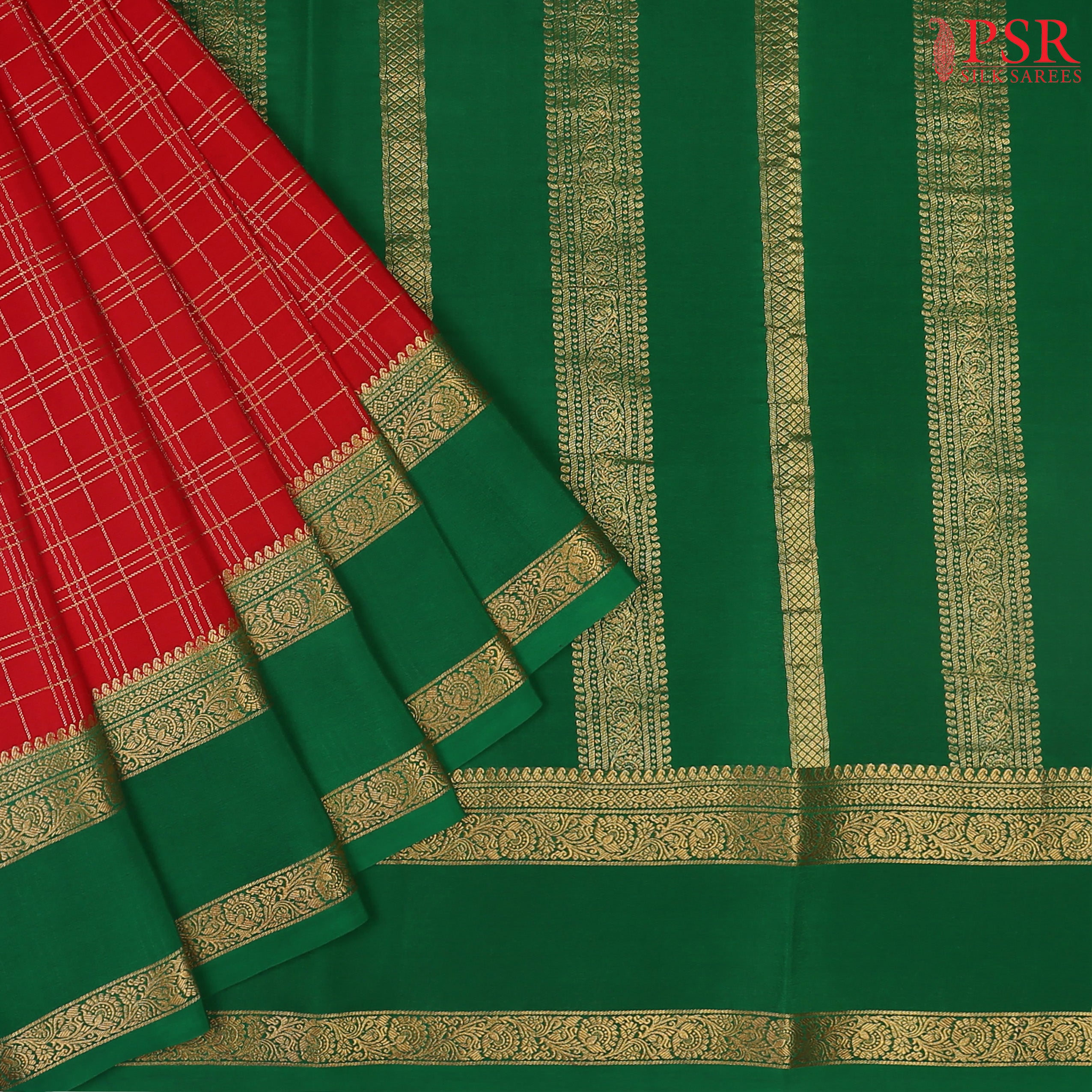 PSR Silks presents a Red colored Mysore Silk saree with combination of Emerald Green color.